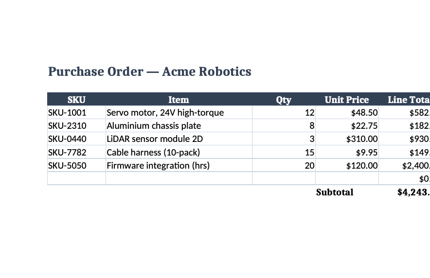 Purchase order → filled line-item table